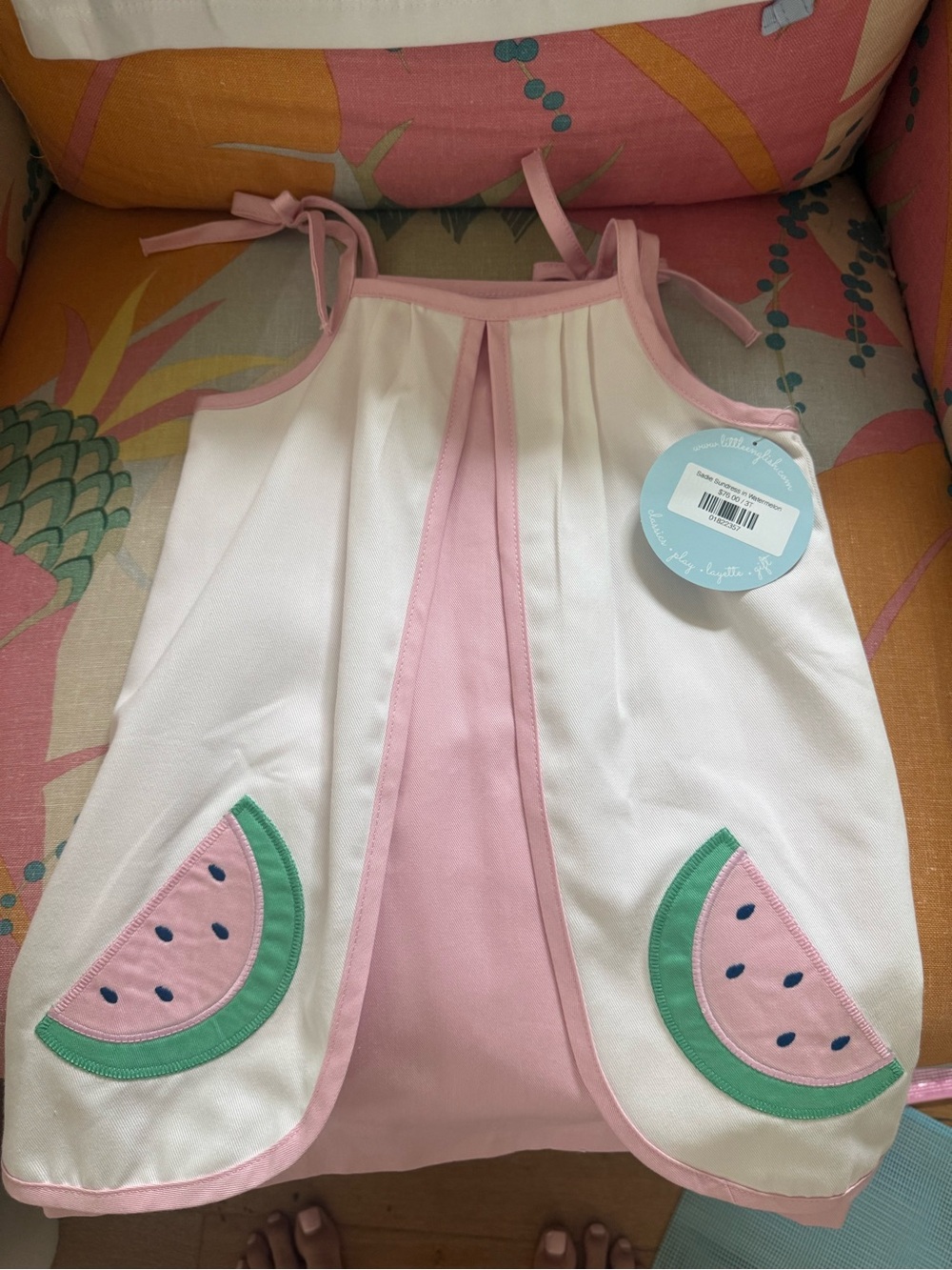 Little English White and Pink Watermelon Appliqué Sundress